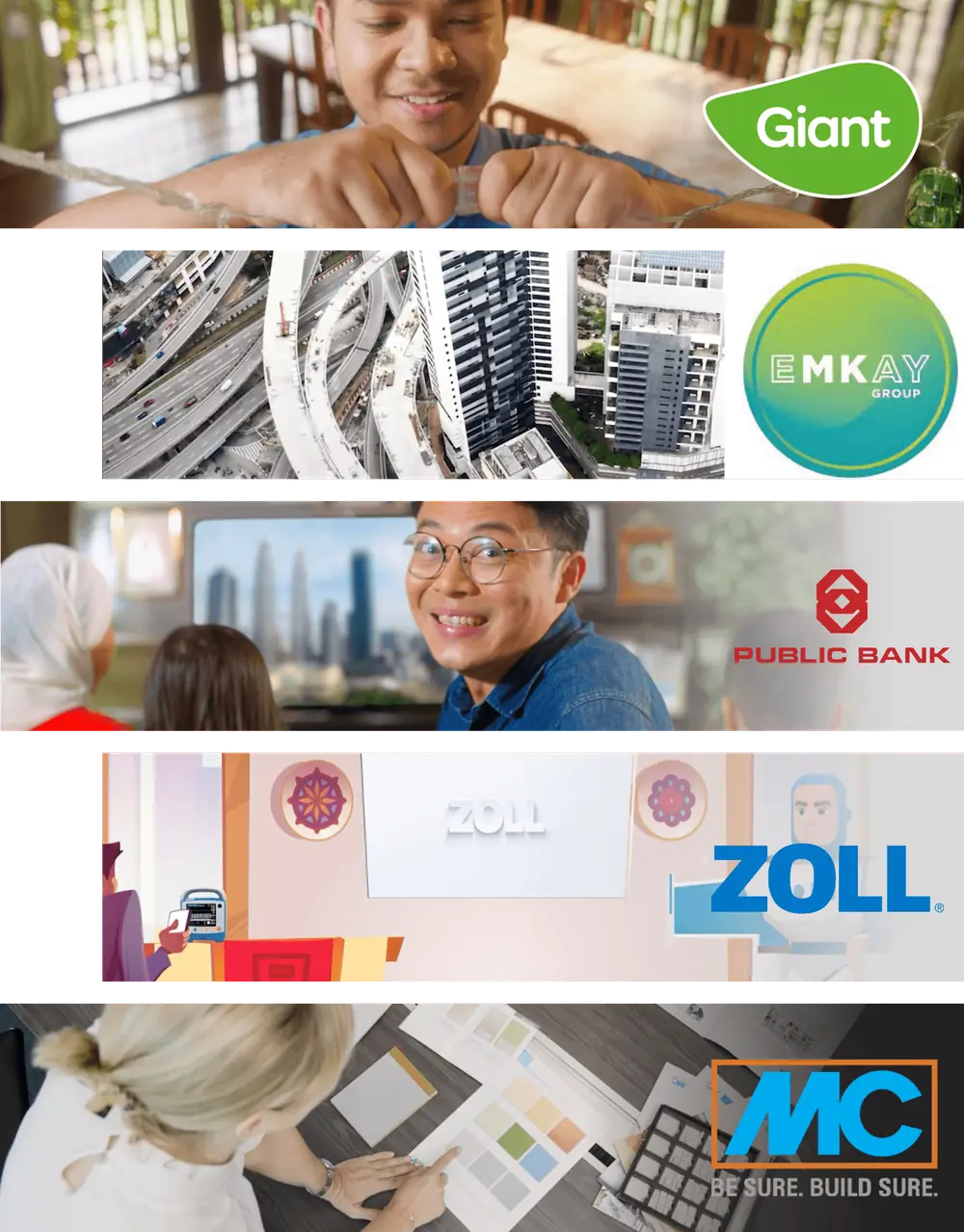 A selection of Moving Image client projects — Giant, EMKAY, Public Bank, ZOLL and MC